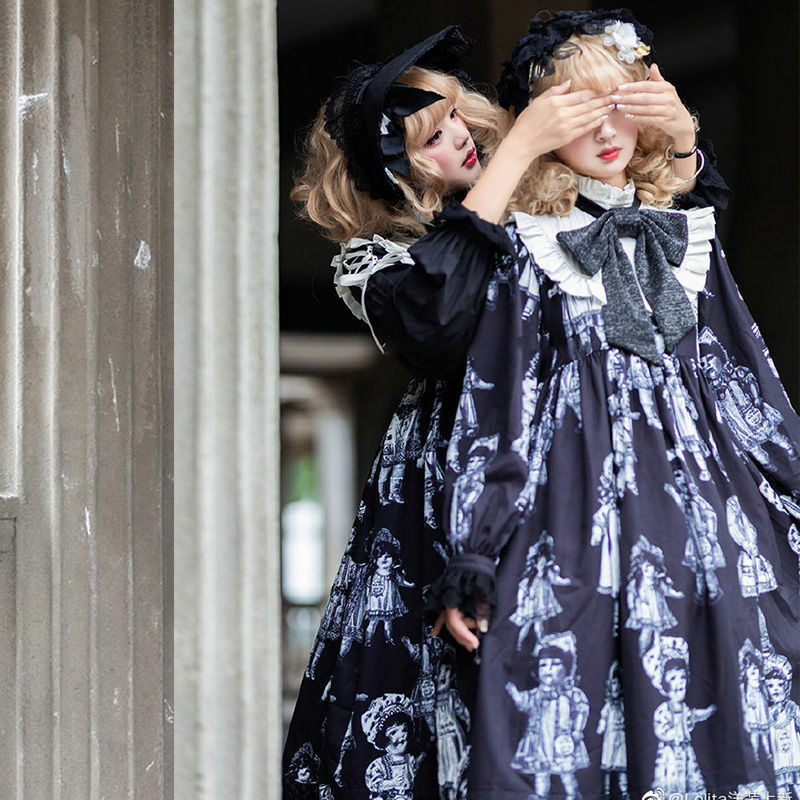 Halloween Dark Gothic Lolita OP Dress Women Vintage Elegant Long Sleeve Bow Princess Strap Dresses Girls Sweet Tea Party Dress