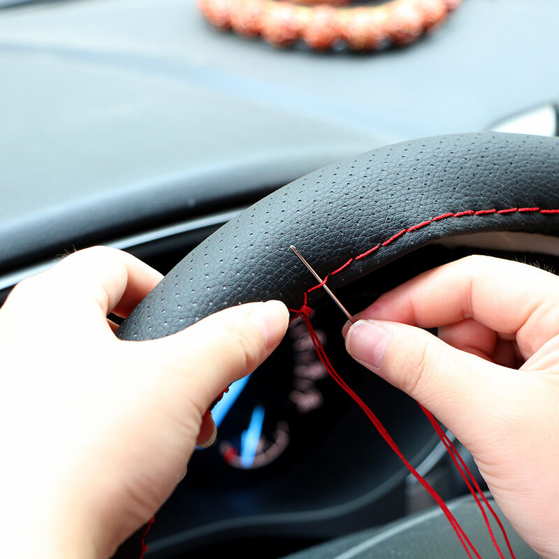 Leepee capa para volante de carro, 1 peça, diy, com agulha e linha, couro artificial, cinza/preto # ha10328