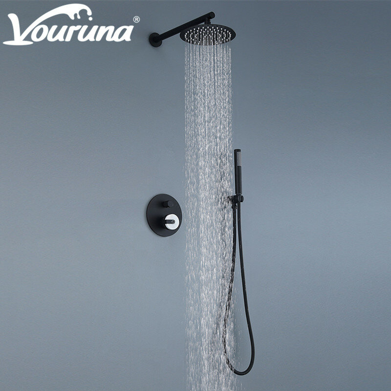 VOURUNA-Conjunto de ducha de baño negro mate, Sistema de ducha corrector, combinación de grifo mezclador, latón macizo