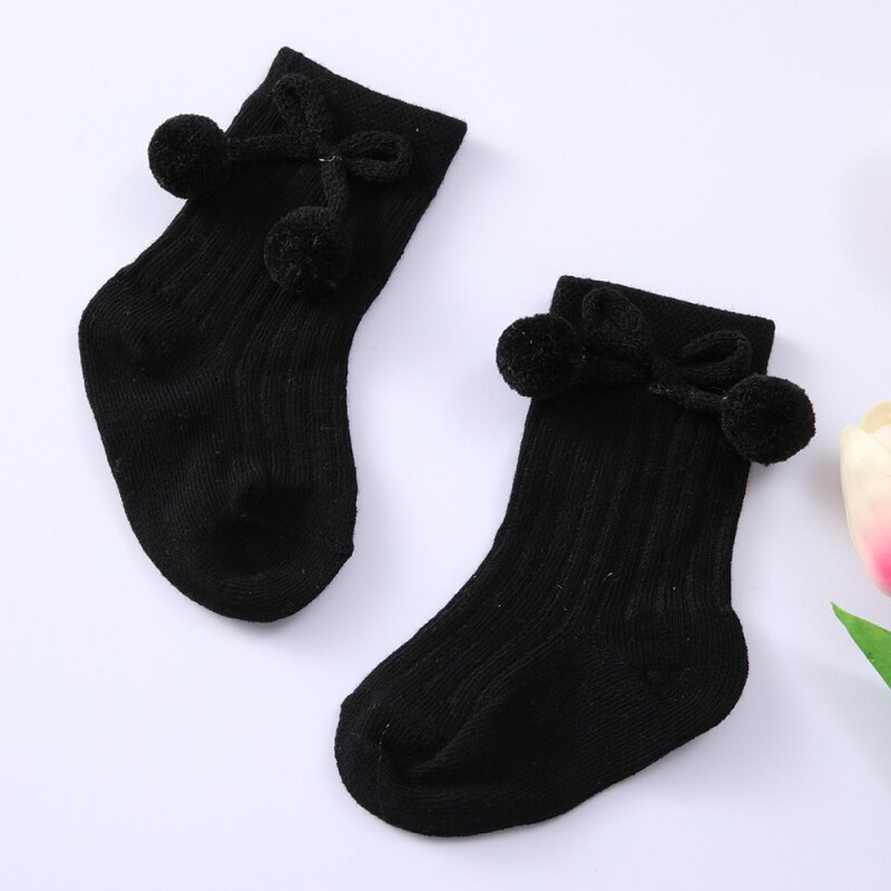 Носки для новорожденных, утепленные Мультяшные удобные хлопковые напольные носки с бантом и двойным помпоном для 0-12 месяцев