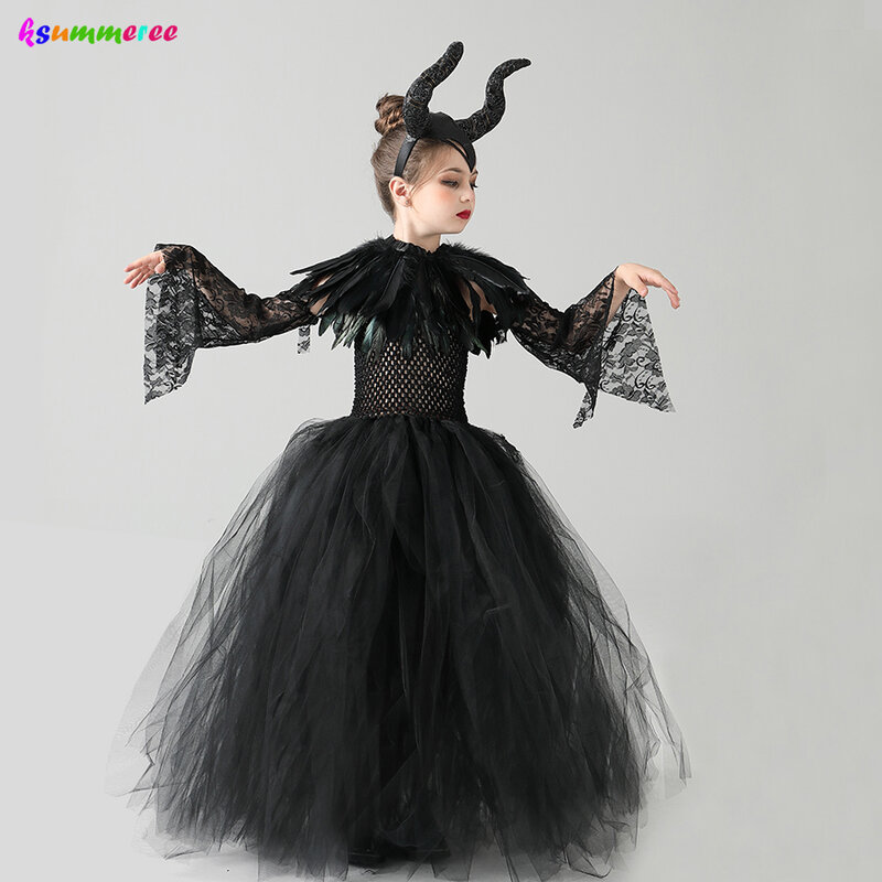 Mädchen Halloween Böse Hexe Schwarz Kleid Tutu Kleid mit Feder Schal Viktorianischen Kinder Dark Königin Bösewicht Cosplay Phantasie Kostüm