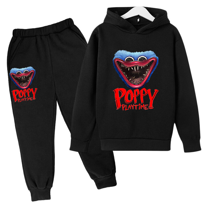 Oversized poppy flor playtime hoodie/calças jogo huggy wuggy moletom horror sudaderas crianças gótico hip hop rua 2-piec terno
