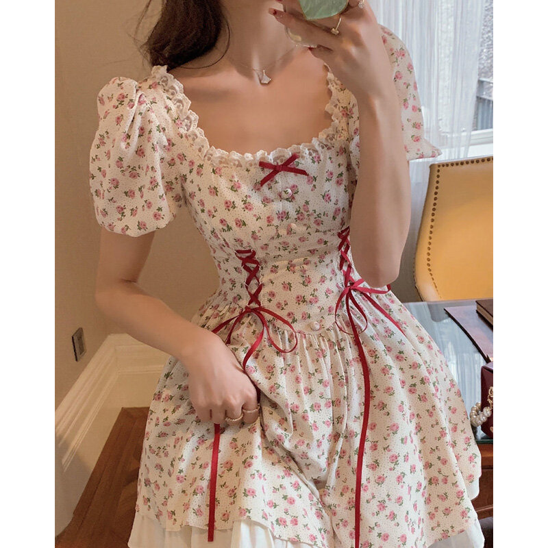 Y2k coreano moda feminina rendas bonito verão vestido de fadas francês do vintage macio menina gola quadrada floral doce kawaii vestido vestidos