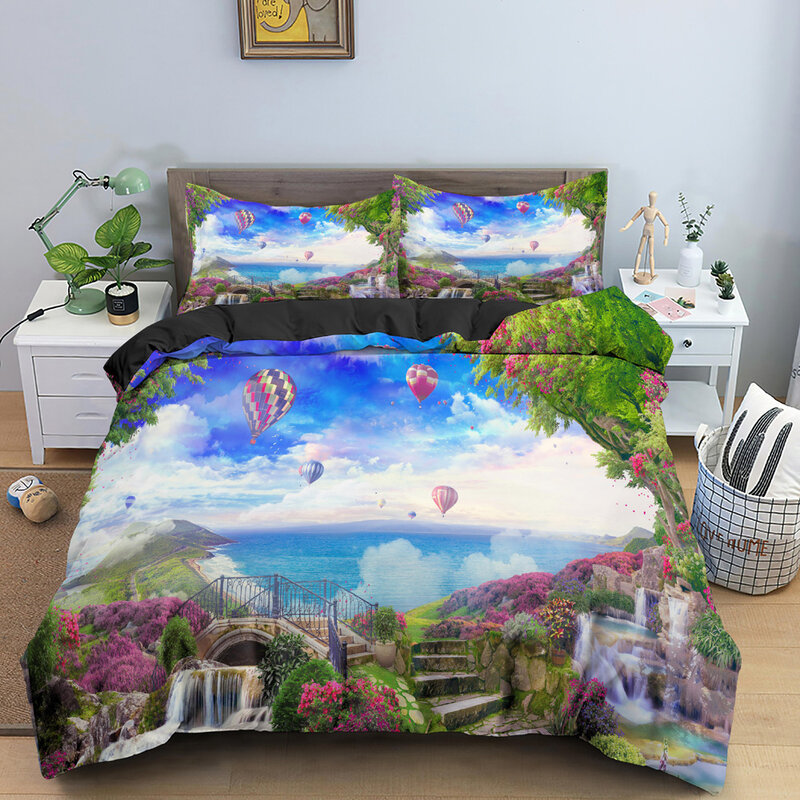 ภูมิทัศน์ธรรมชาติชุดผ้าปูที่นอนปลอกหมอน/King/Queen ขนาดผ้านวมผ้าห่ม Bedclothes สำหรับห้องนอนเด็กบ้าน