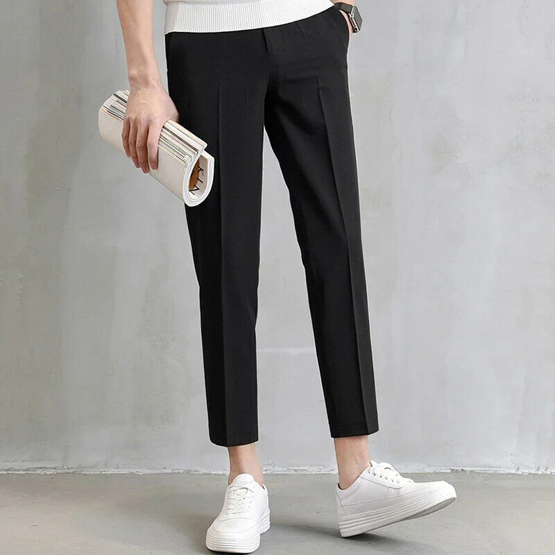 Men Suit Pants Fashion Slim-Fit Straight Trousers Business Casual Ninth Pants With Pockets Pure Black Khaki Grey Suit Pants