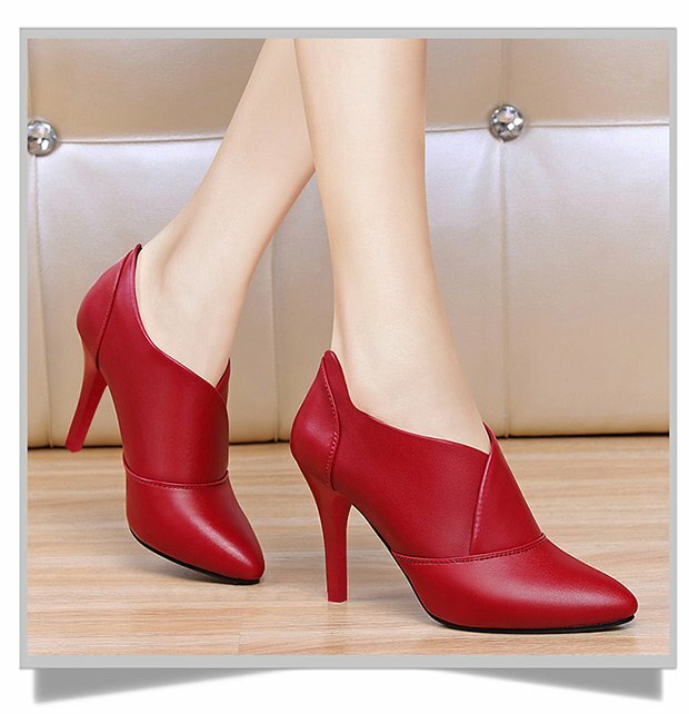 2020 Winter Women Bare boots High Heels Dress Shoes Pointed Toe Boots Black Red Botas Mujer Thin Heels Pumps Woman Shoes N7862