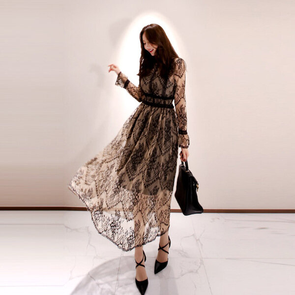 Женское кружевное платье, винтажное Элегантное Вечерние нее платье с длинным рукавом, круглым вырезом и высокой талией, весна 2020