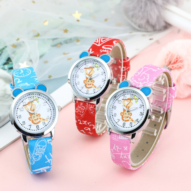 New Cartoon Children Monkey Watch Fashion Boys Kids Student diamond Leather Analog Wristwatches Lovely Pink watch Relojes saati