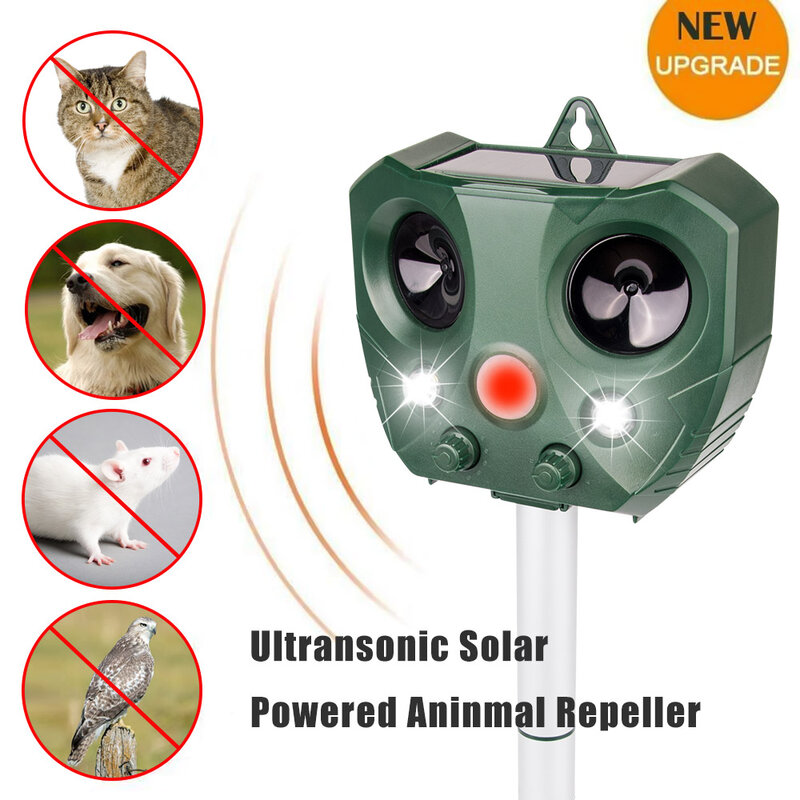Movimiento accionado Solar activado Animal ultrasonidos gatos perro repelente de asustar a los animales al aire libre jardinería sonar repelentes