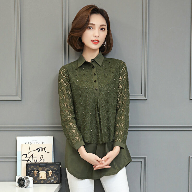 Spring Autumn Lace Patchwork Beaded Blouse Women Green White Wine Red Black Turn Down Collar Fake Two Pieces Top Plus Size 2021