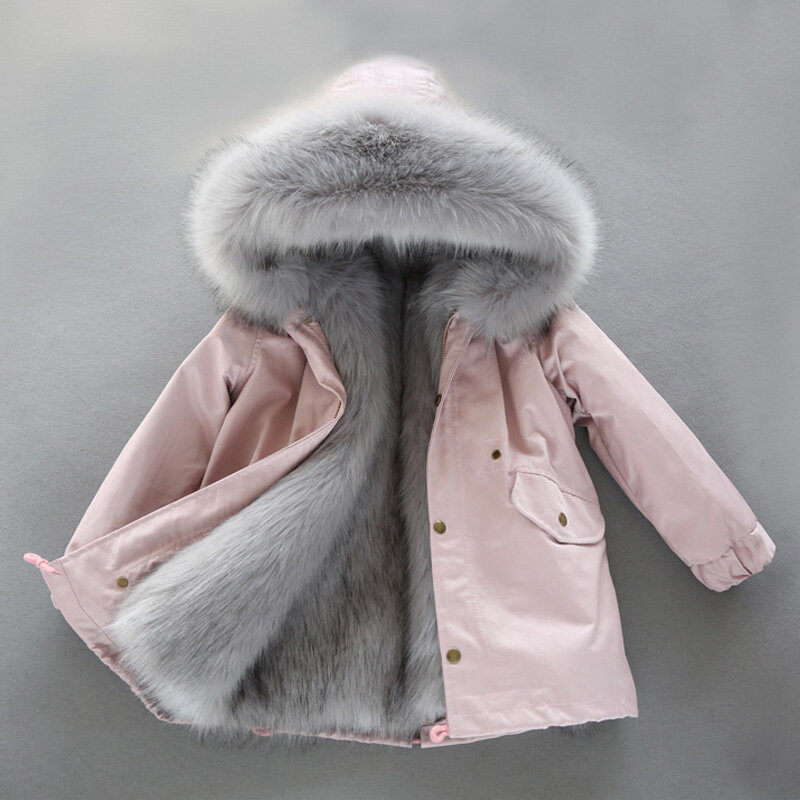 Dziewczyna dół kurtki 2021 zimowy płaszcz ze sztucznego futra liniowej długi z odpinanym kapturem Parka futrzana ciepła odzież wierzchnia wysokiej jakości dziewczynka płaszcz zimowy