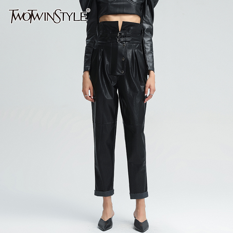 TWOTWINSTYLE-pantalones bombachos de cintura alta para mujer, ropa de calle holgada de Pu, longitud completa, color negro, 2020