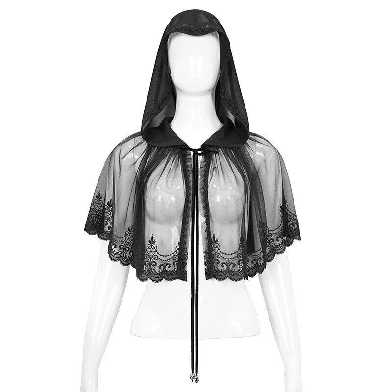 Gothic Mysterious Noble Mesh Perspective Sexy Hooded Shawl Lolita Prom Party Lace-up Short Cape Small Cape