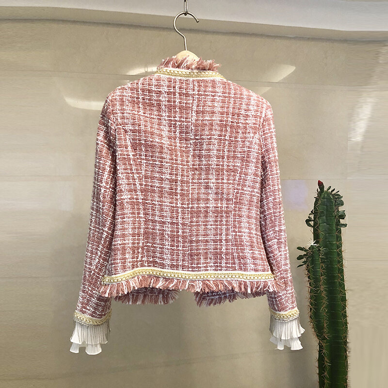 Hohe Qualität Fashion Designer Rosa Plaid Tweed Jacke Mantel Landebahn Herbst Elegante Langarm Wolle Mischung Süße Büro Outwear