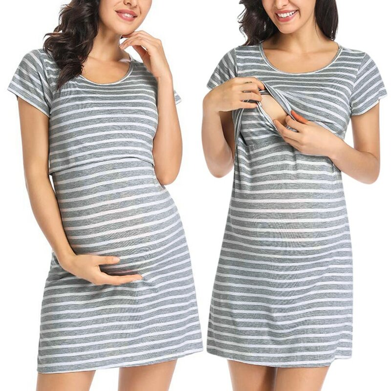 Damska koszulka ciążowa z krótkim rękawem w paski sukienka do karmienia piersią do karmienia piersią kobiety w ciąży sukienki letnie ropa premama