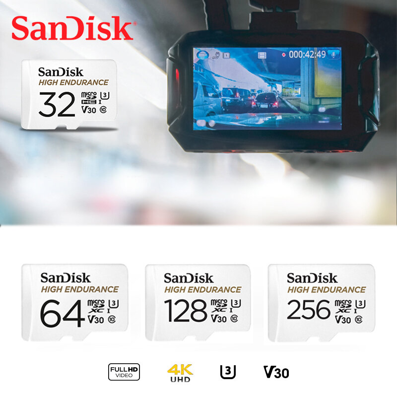 SanDisk-tarjeta microSD de alta resistencia, 64GB, U1 hasta 100 MB/s, 32GB, Clase 10, 128GB, velocidad de vídeo U3 V30, Full HD, 4K, 256GB