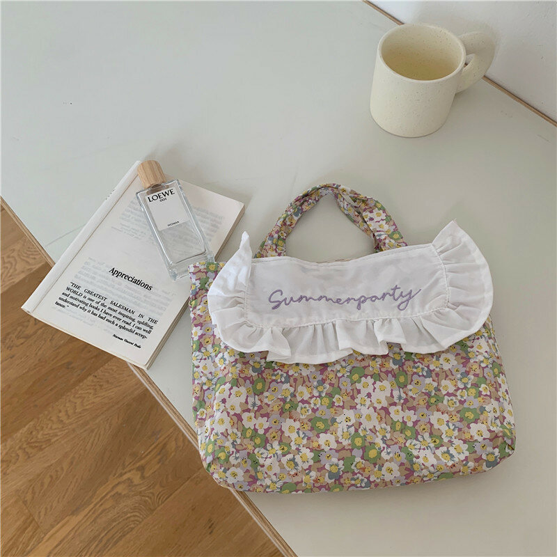 Женская сумка для ланча, из хлопчатобумажной ткани, с цветочным принтом, в Корейском стиле, с оборками, для пикника, пакеты для школьных обед...