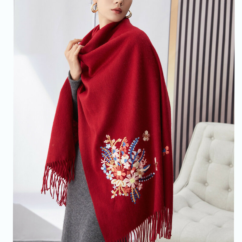 [PTAH] Winter Wool Scarf Women Softer Cashmere Shawl Wrap Winter Warm Comfortable Temperament Embroidery Scarves Ladies 180*70cm