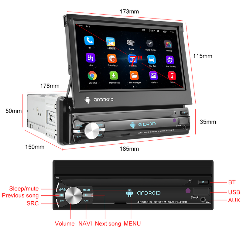 Podofo – Autoradio avec écran rétractable de 7 pouces, lecteur multimédia vidéo, universel, CarPlay, Android MP5, 1din, pour véhicule
