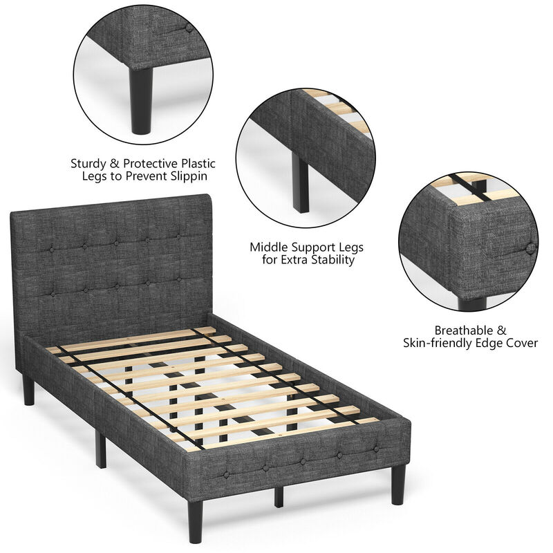 Twin Upholstered Bed Frame Button Tufted Headboard Mattress Foundation HU10017