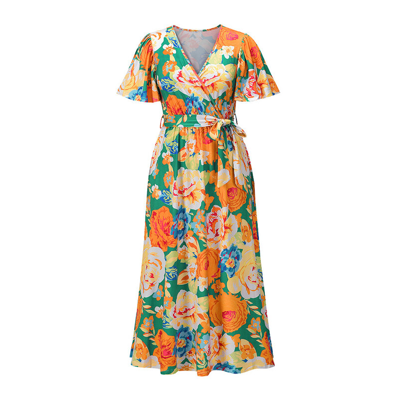 Ygブランドの女性服の夏2021 vネック蓮の葉の袖花ドレスマナーレジャー収集社長ドレス