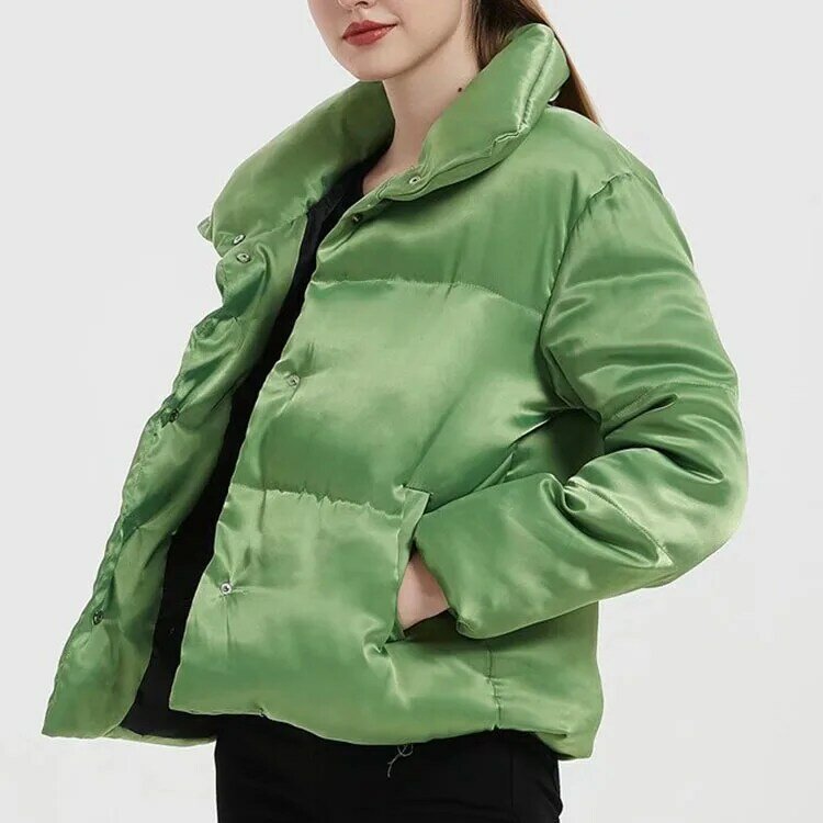 Chaqueta acolchada de un solo pecho para mujer, chaqueta de Color liso con cuello levantado, otoño e invierno, 2021
