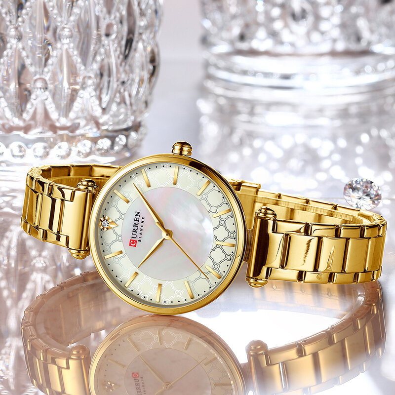 Curren relógio de pulso de aço inoxidável, relógio de marca de luxo feminino com pulseira de ouro rosa estiloso de quartzo para mulheres