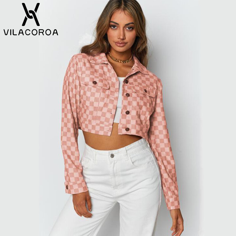 Pink Jacket Plaid Print Vintage Women Tops Turn-Down Collar Autumn Long Sleeve Coat Street Short Casual Jackets Female Clothes