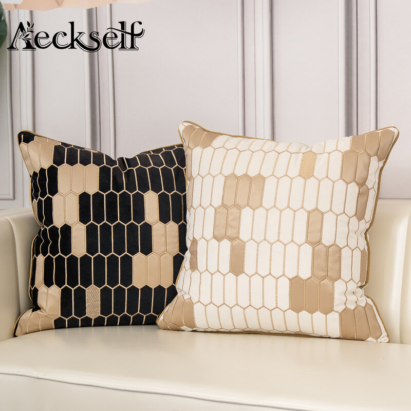 Aeck-ネイビーブルー,ブラウン,グレーの刺繍入りモダンレザー枕カバー,ホームデコレーション