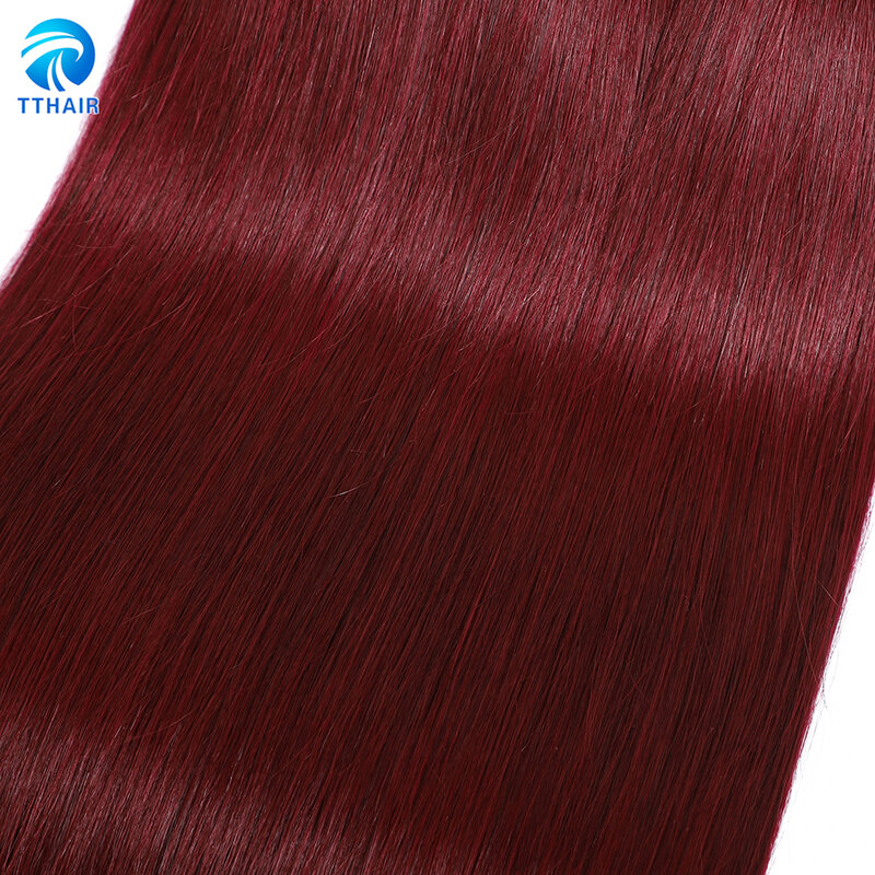 Tthair 99 jborgonha vermelho cru peruano em linha reta remy cabelo humano vinho colorido tecer 3 pacotes com fechamento