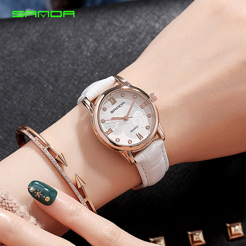 Sanda relógio de pulso feminino da moda, relógios de pulso com pulseira de couro simples e à prova d'água para mulheres, relógio de quartzo