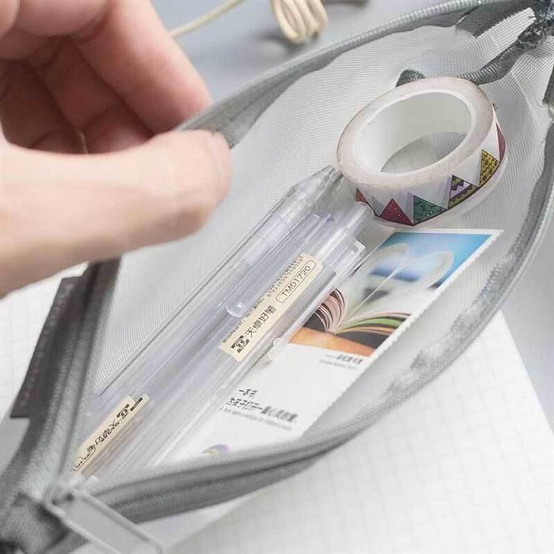 Simple Solid Color Style Transparent Mesh Pencil Case for Office Student School Stationery pencil box Makeup Storage Pouch Bag