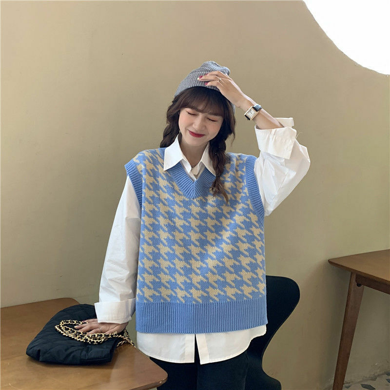 2021 Women Houndstooth Loose Knitted Vest Sweater Girls V Neck Sleeveless Thick Vintage Sweater Suits Female Waistcoat Chic Tops