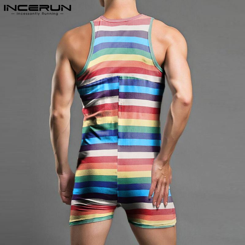 INCERUN Summer Button Fitness Bodysuit Sleepwear Men Leisure Striped Pajama Rompers Sleeveless Round Neck Onesies Homewear 5XL 7