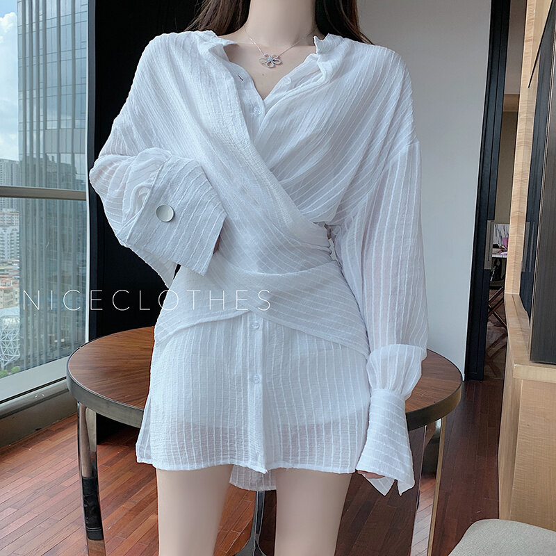 Price Early Autumn Korean Style Lazy and Loose Shirt White Striped Double Layer Fabric Breathable Shirt