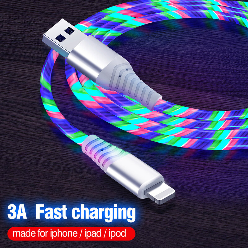 Светящийся светодиодный кабель 3 А, кабель для быстрой зарядки, кабель USB Type-C для iPhone 13, 12, 11 PRO, 8, 7 Plus, мобильный телефон, зарядный кабель 2 м/1 м