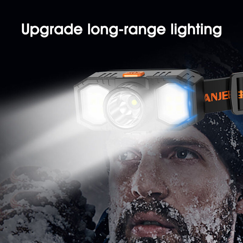 Lanterna de cabeça portátil led cob + xpe, farol recarregável de alto brilho, 3 modos, à prova d'água, para pesca, caminhadas, camping