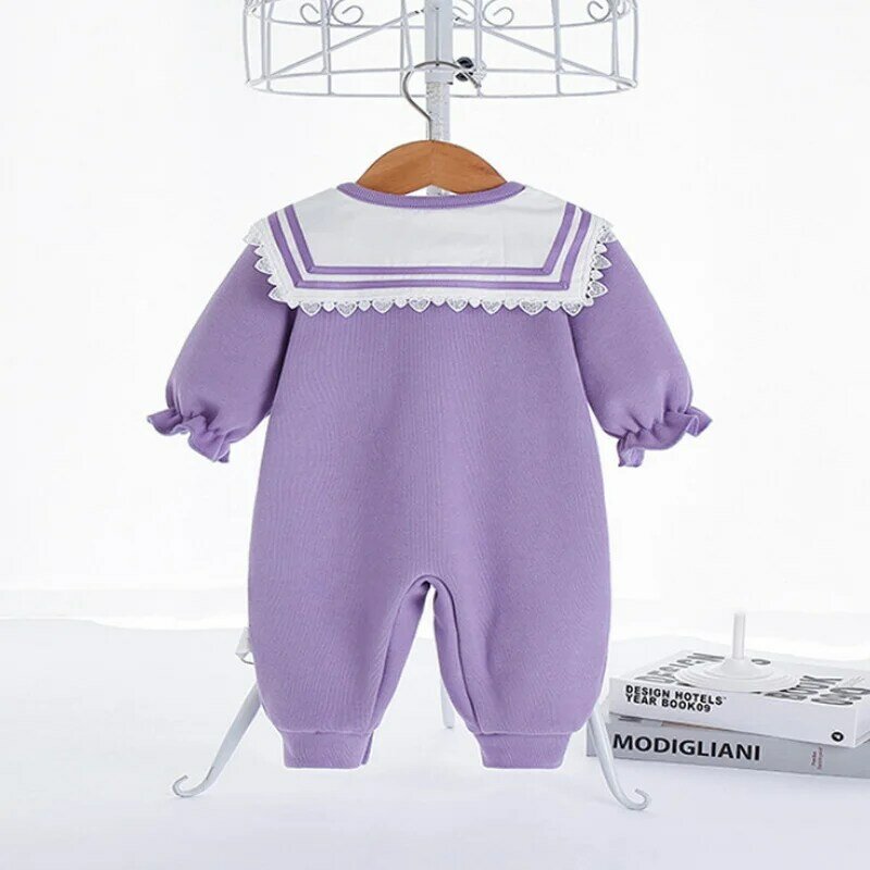2022ใหม่ฤดูใบไม้ผลิเด็กทารก Romper สีม่วง Patchwork แขนยาวกะลาสีคอปกผ้าฝ้ายอินทรีย์100% Jumpsuit Bebe Playsuit E5525