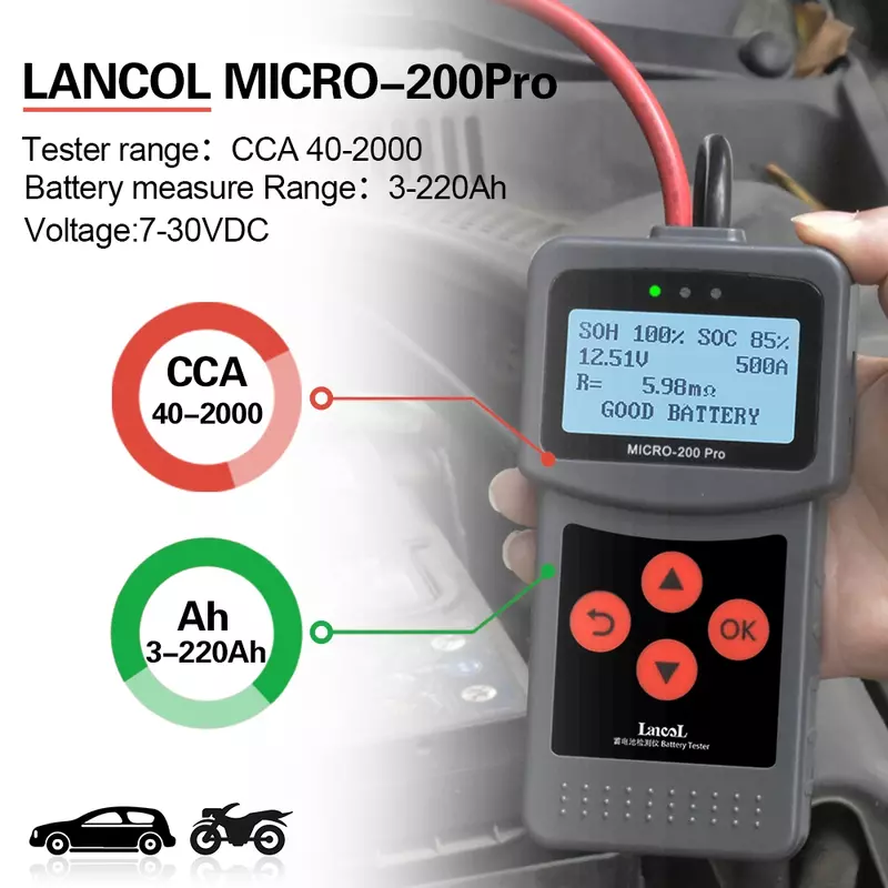 MICRO-200 برو سيارة جهاز اختبار بطارية 12 فولت 24 فولت متعدد اللغات الرقمية AGM EFB جل السيارات تحميل نظام البطارية محلل ل سيارة موتو