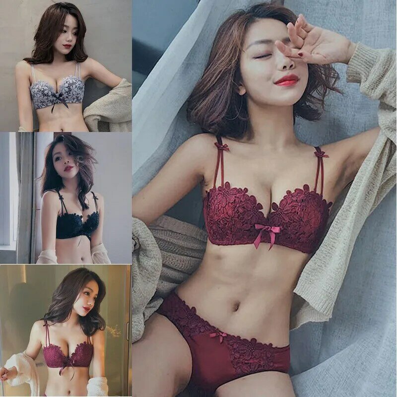 Fashion Sexy Ladies Lace Floral Bow Back Closure 3/4 Cup No Trace No Steel Ring Gathered Adjusted Straps Bra Underwear Set!