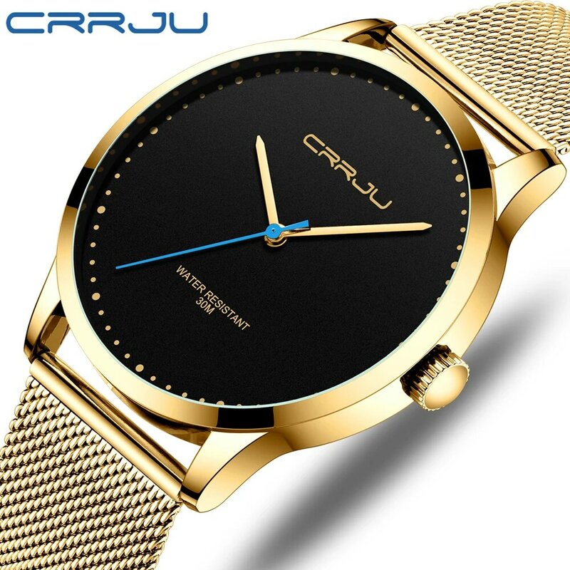 Crrju masculino relógio de pulso de quartzo à prova dwaterproof água aço inoxidável marca de luxo relógio de pulso de ouro preto relogio masculino