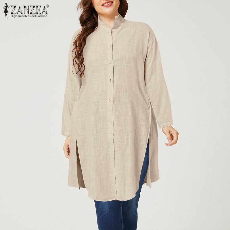 ZANZEA-Blusa de algodón de manga larga con botones para mujer, camisa informal lisa de talla grande, Estilo Vintage, otoño, 2021, L-5XL