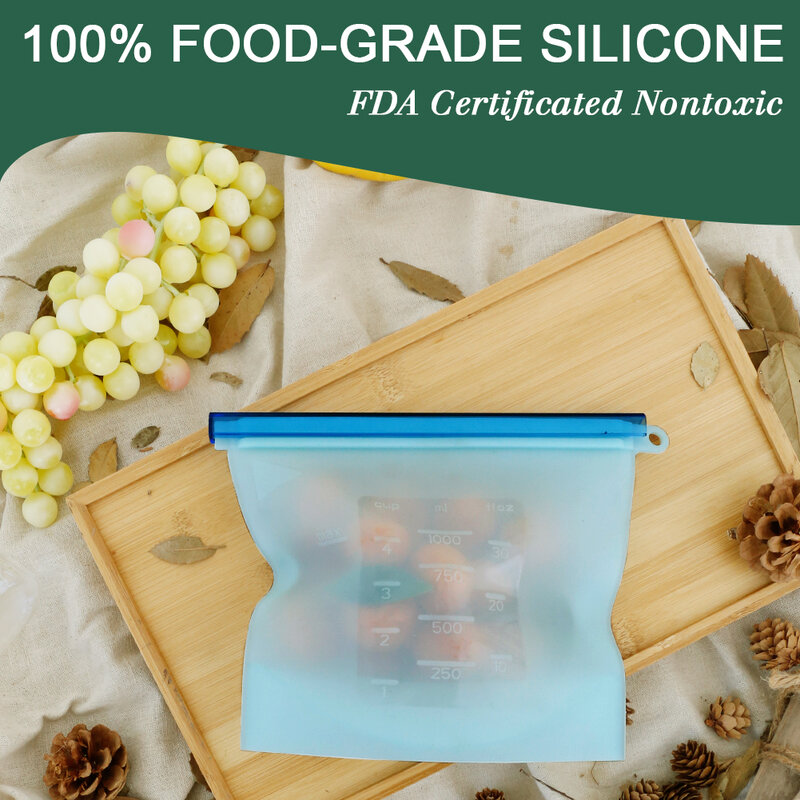 Bolsa de silicona reutilizable para almacenamiento de alimentos frescos, bolsa organizadora de cocina, con cierre de silicona, a prueba de fugas, 6 uds.