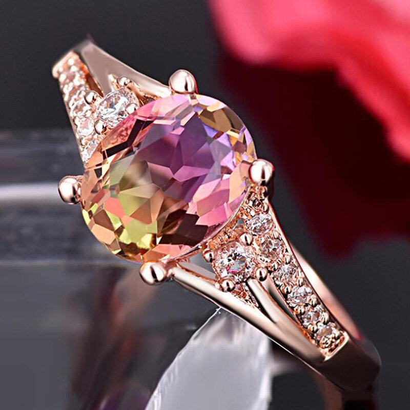 Moda de luxo cristal rosa anéis de ouro romântico noivado promessa feminino anéis de jóias de casamento presente
