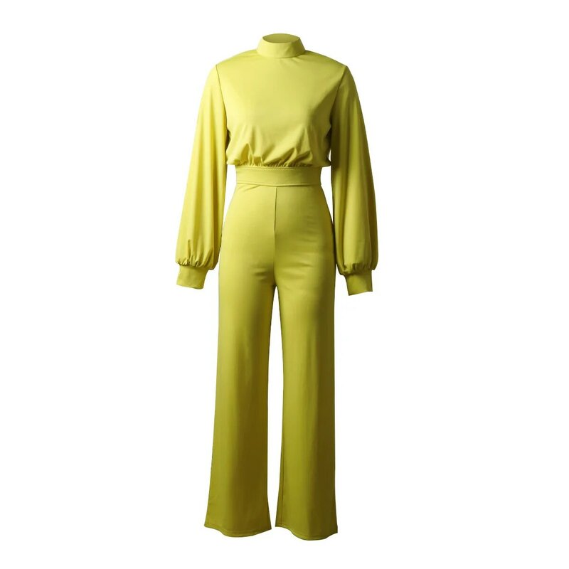 Women Jumpsuit Rompers Autumn Office Lady Sexy Solid Yellow Turnleneck Backless Hollow Out Long Sleeve Wide Leg Loose Jumpsuits