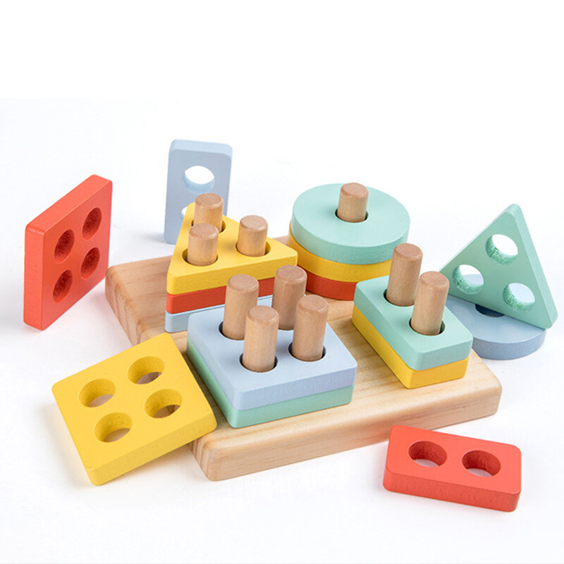 4 In 1 Mainan Kayu Bentuk Geometris Puzzle Pembelajaran Awal Bentuk Kognisi Warna Mainan Pendidikan untuk Anak-anak