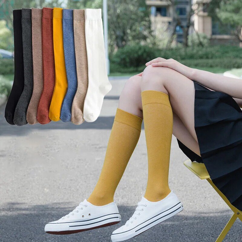 Calcetines largos de algodón hasta la rodilla para mujer, calcetín informal a la moda, color liso, blanco y negro, 2 pares