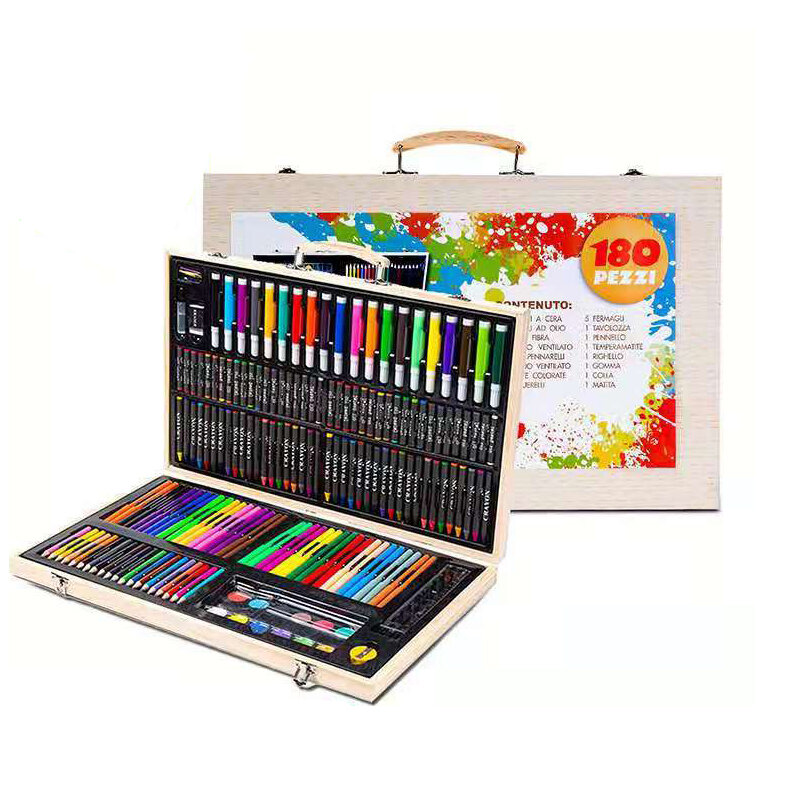 Ensemble de peinture artistique avec boîte en bois, 180 pièces/ensemble, pinceaux à aquarelle, marqueurs de dessin pour enfants, crayons de couleur