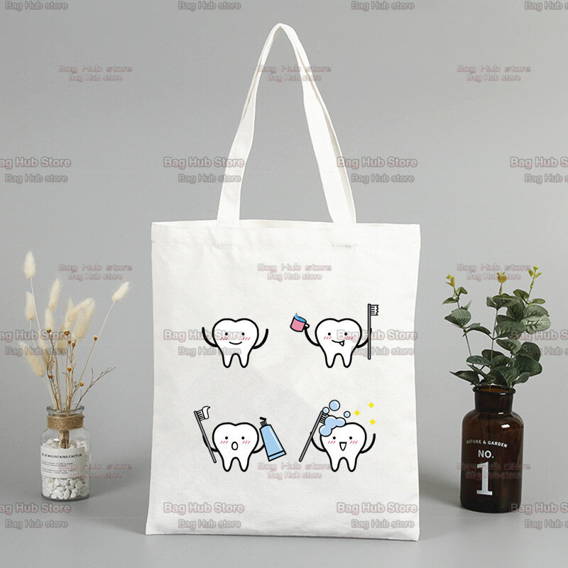 Impressão do dente bolsa de lona feminina grande capacidade harajuku faculdade saco de compras sacos de ombro dos desenhos animados saco de hip hop