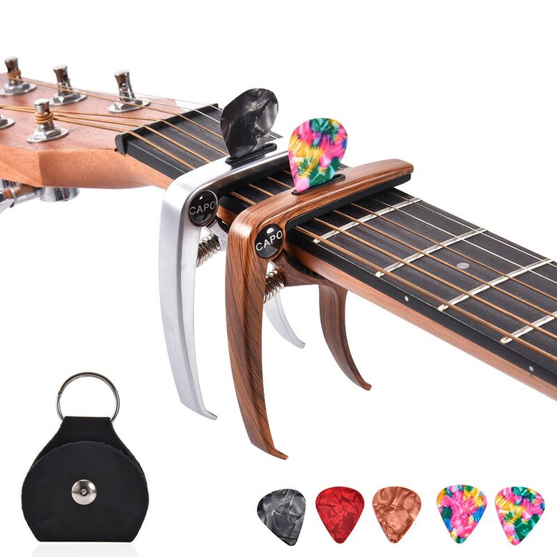 Capotraste de metal 3 em 1 para violão, violão elétrico acústico universal com 5 palhetas de couro, suporte para palhetas, chave de grampo de troca rápida